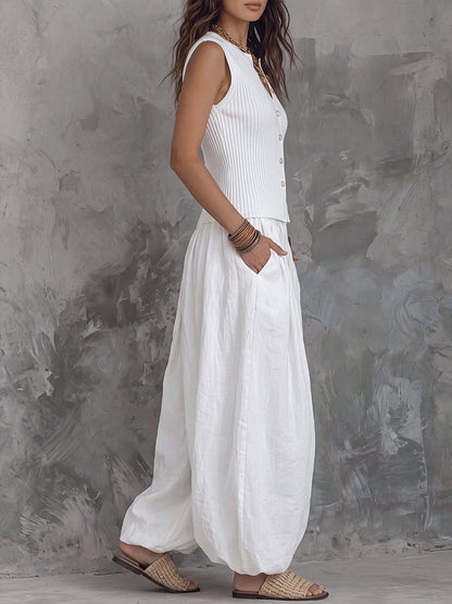 Loose Sleeveless Buttoned Ribbed Knit Solid Color V-Neck Vest Top