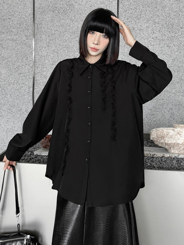Hipster Long Sleeves Buttoned Falbala Ruffled Solid Color Split-Joint Lapel Blouses&Shirts Tops
