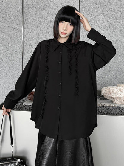 Hipster Long Sleeves Buttoned Falbala Ruffled Solid Color Split-Joint Lapel Blouses&Shirts Tops