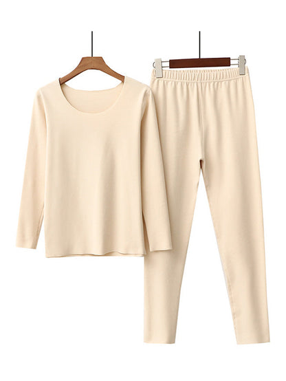 2PCS Plus Size Solid Color Round-Neck Top&Bottom Pajama Set