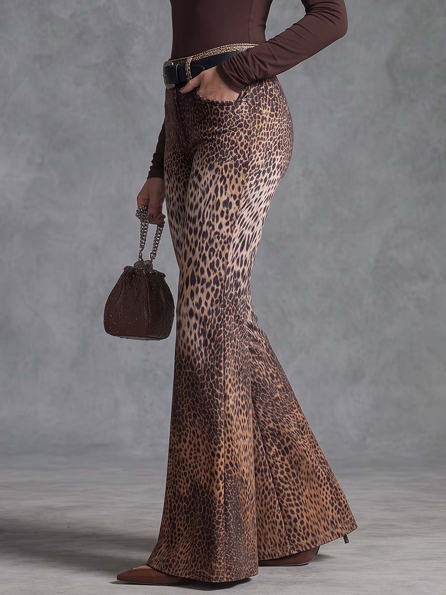Zipper Leopard Gradient Elasticity Buttoned Belted Wide Leg Loose Trousers Pants