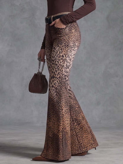 Zipper Leopard Gradient Elasticity Buttoned Belted Wide Leg Loose Trousers Pants