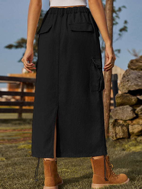 Jupe trapèze ample avec cordon de serrage et poches élastiques, couleur unie, dos fendu 