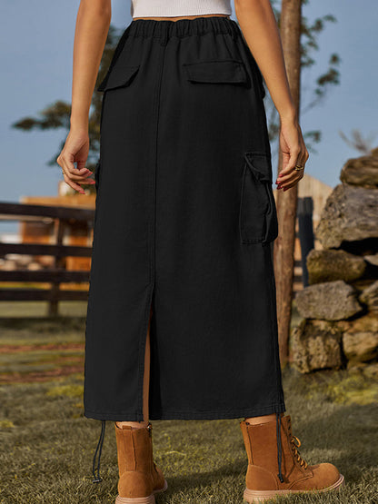 Jupe trapèze ample avec cordon de serrage et poches élastiques, couleur unie, dos fendu 