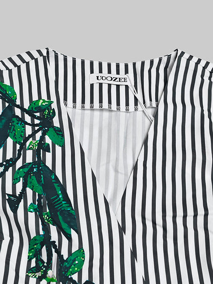 A-Line Loose Asymmetric Split-Joint Striped V-Neck Maxi Dresses Shirt Dress