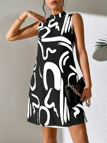 A-line Sleeveless Contrast Color Printed Mini Dresses