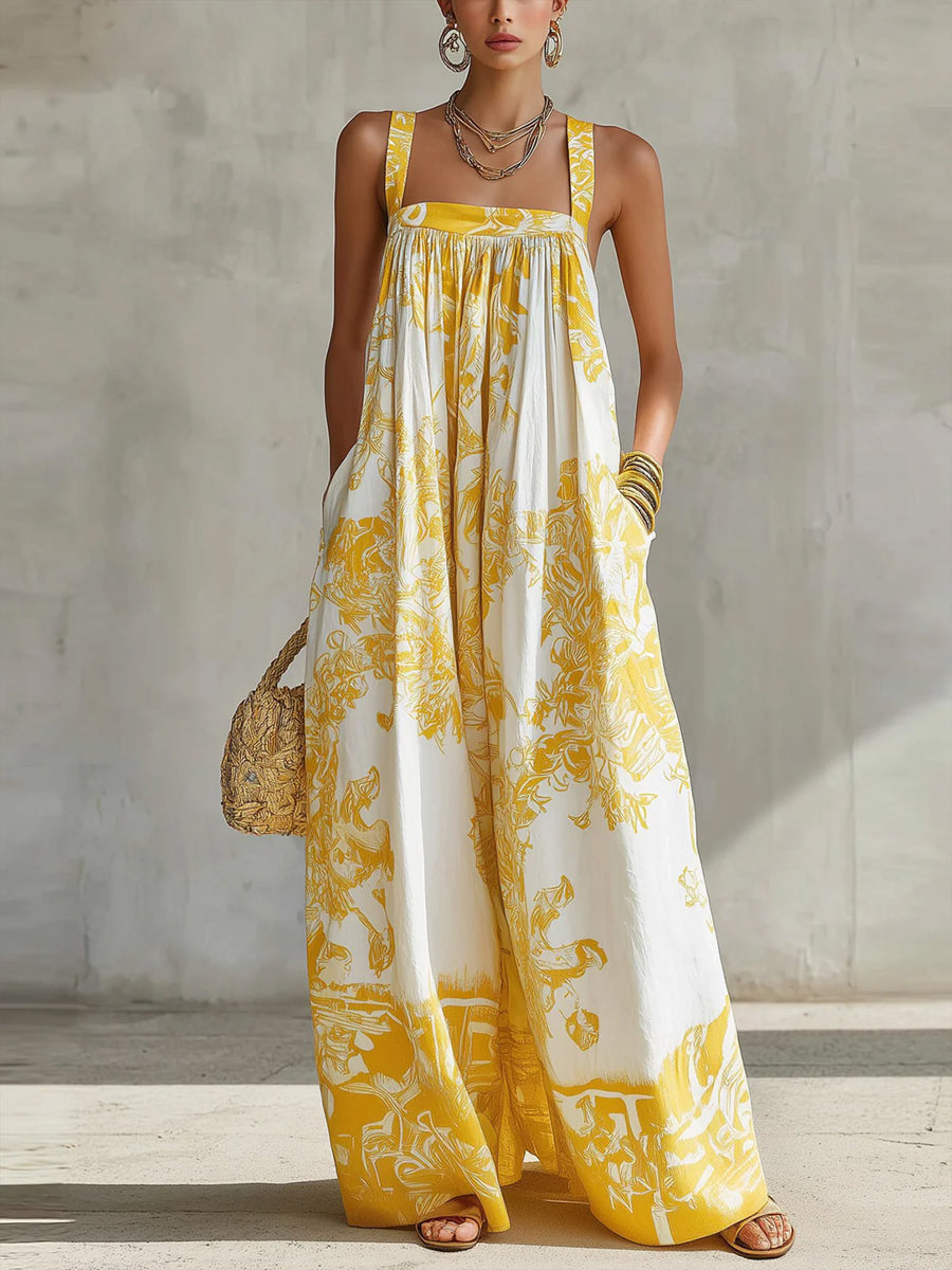 Loose Sleeveless Flower Print Pleated Pockets Spaghetti-Neck Jumpsuits