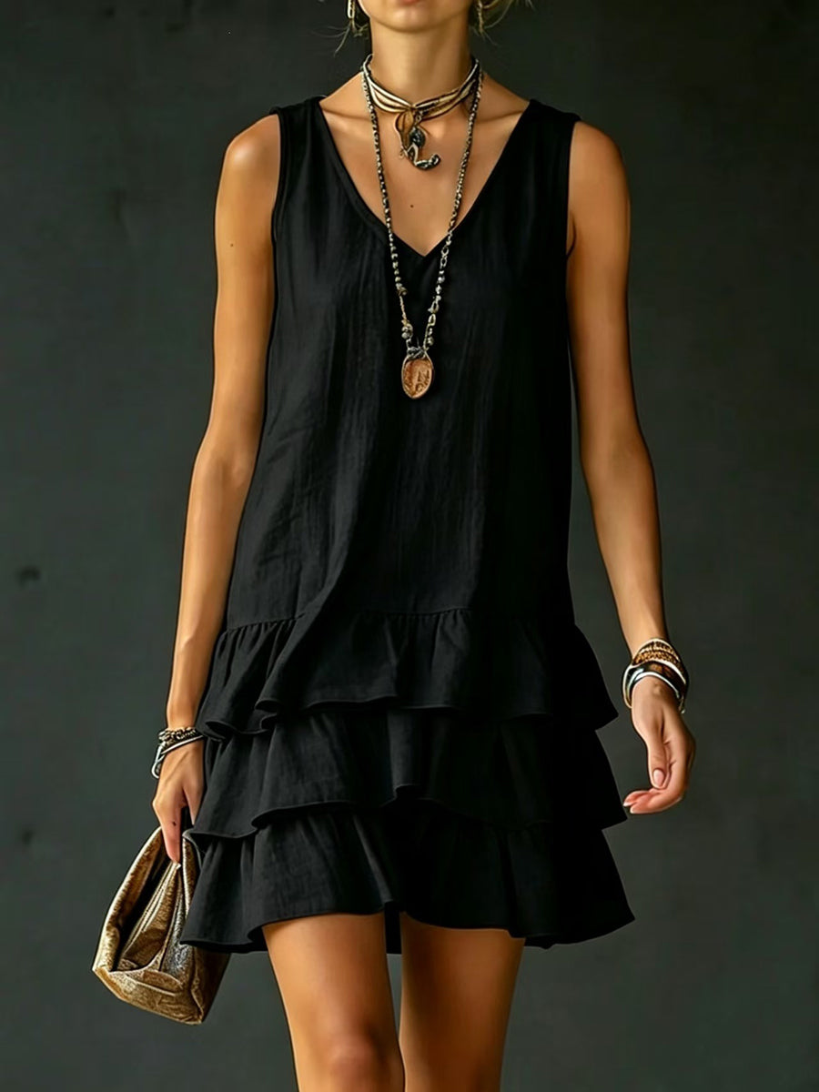 Loose Sleeveless Layered Solid Color V-Neck Mini Dresses