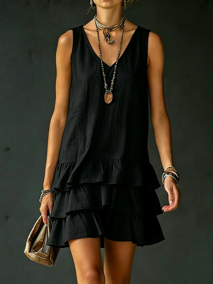Loose Sleeveless Layered Solid Color V-Neck Mini Dresses
