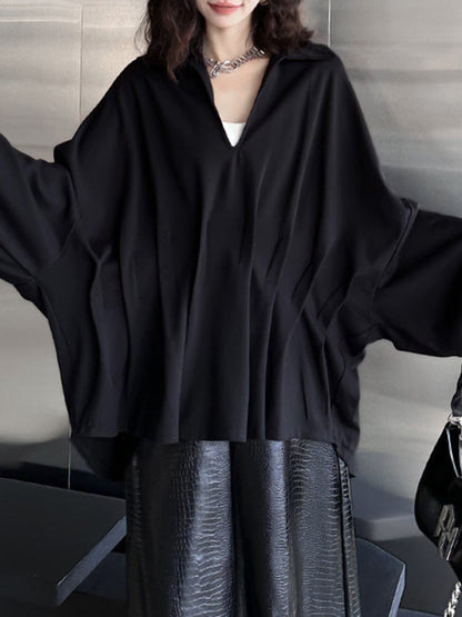 Batwing Sleeves Long Sleeves Pleated Solid Color Deep V-Neck Blouses&Shirts Tops
