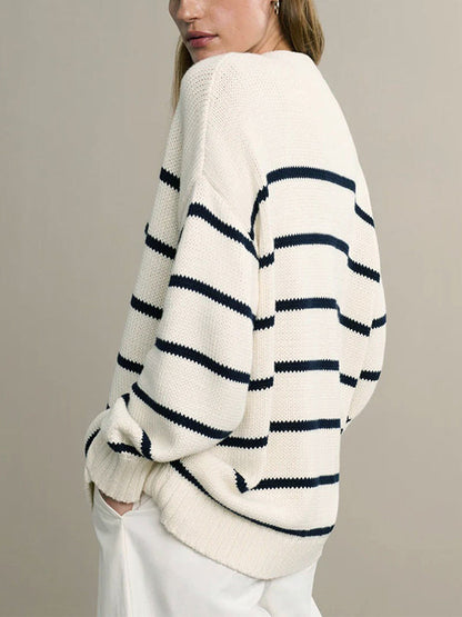 Long Sleeves Loose Split-Joint Striped V-Neck Cardigan Tops