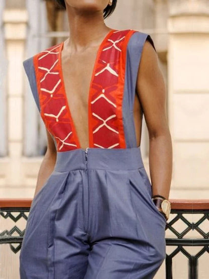 High Waisted Sleeveless Contrast Color Pleated Pockets Zipper Deep V-Neck Jumpsuits