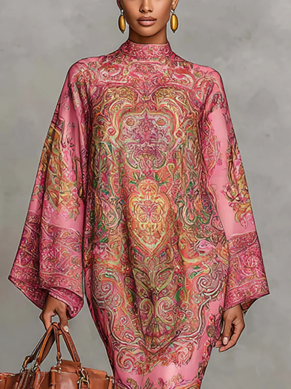 Long Sleeves Loose Contrast Color Printed Mock Neck Midi Dresses