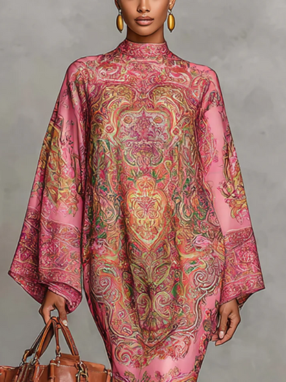 Long Sleeves Loose Contrast Color Printed Mock Neck Midi Dresses