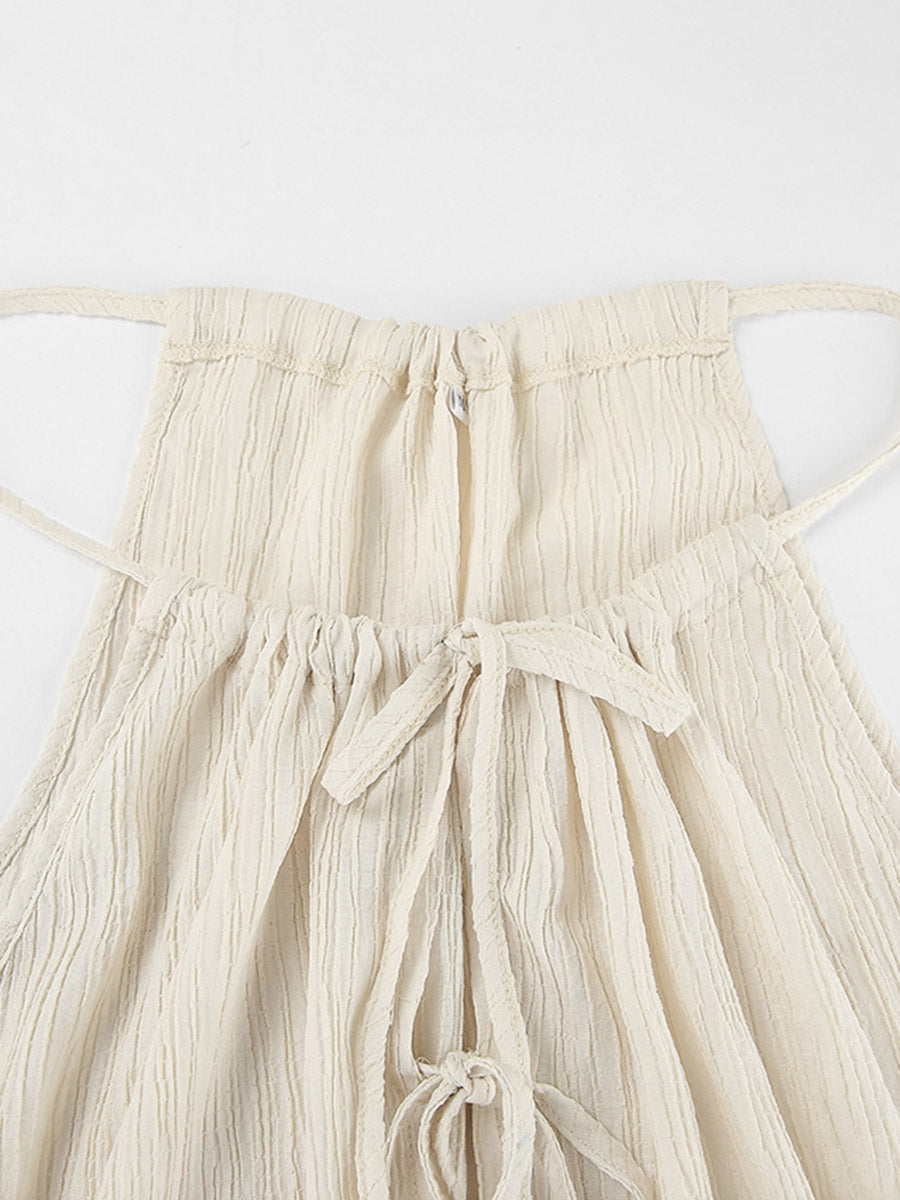 Solid Color Halter-Neck Cropped Pleated Split-Joint Tank Top + High Waisted Elasticity Tied Waist Pants Trousers Two Pieces Set