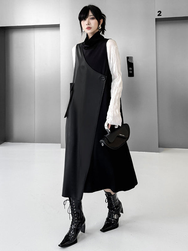 Irregularity Loose Asymmetric Buttoned Solid Color Split-Joint High Neck Midi Dresses