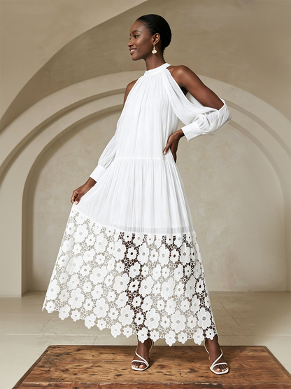 A-Line Long Sleeves Hollow Ruched Solid Color Split-Joint Cold Shoulder Maxi Dresses