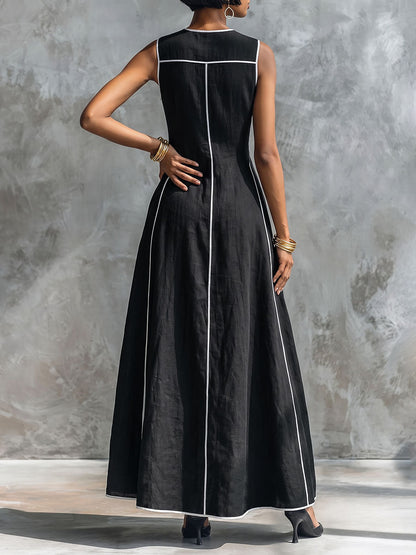 A-Line Loose Contrast Color Pockets Striped Round-Neck Maxi Dresses