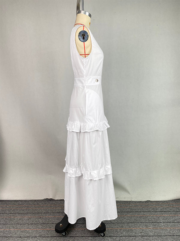 A-Line High Waisted Buttoned Pleated Pockets Solid Color Split-Joint V-Neck Maxi Dresses