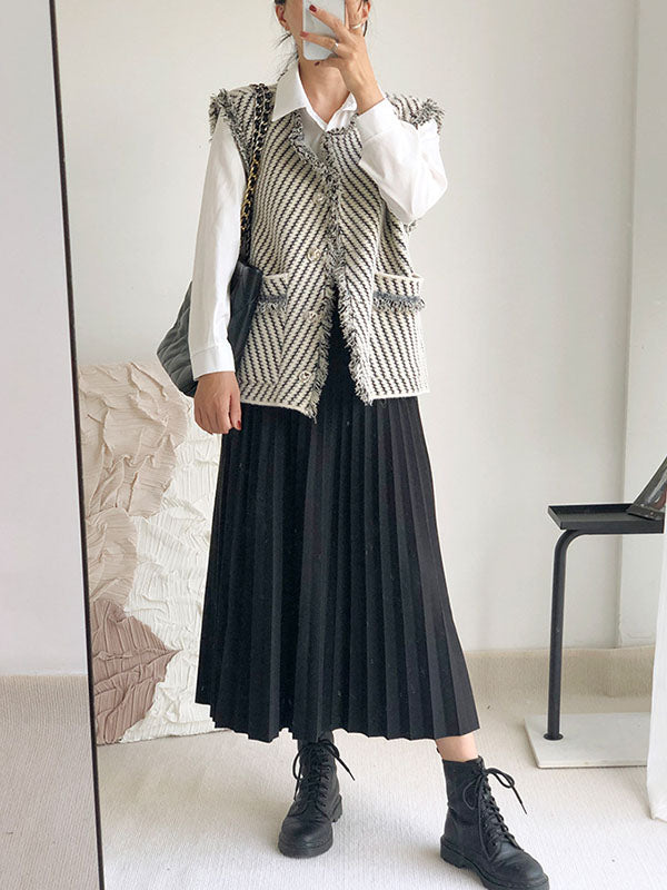 Gilet ample sans manches à poches boutonnées et à franges, rayé, col en V, vêtements d'extérieur 