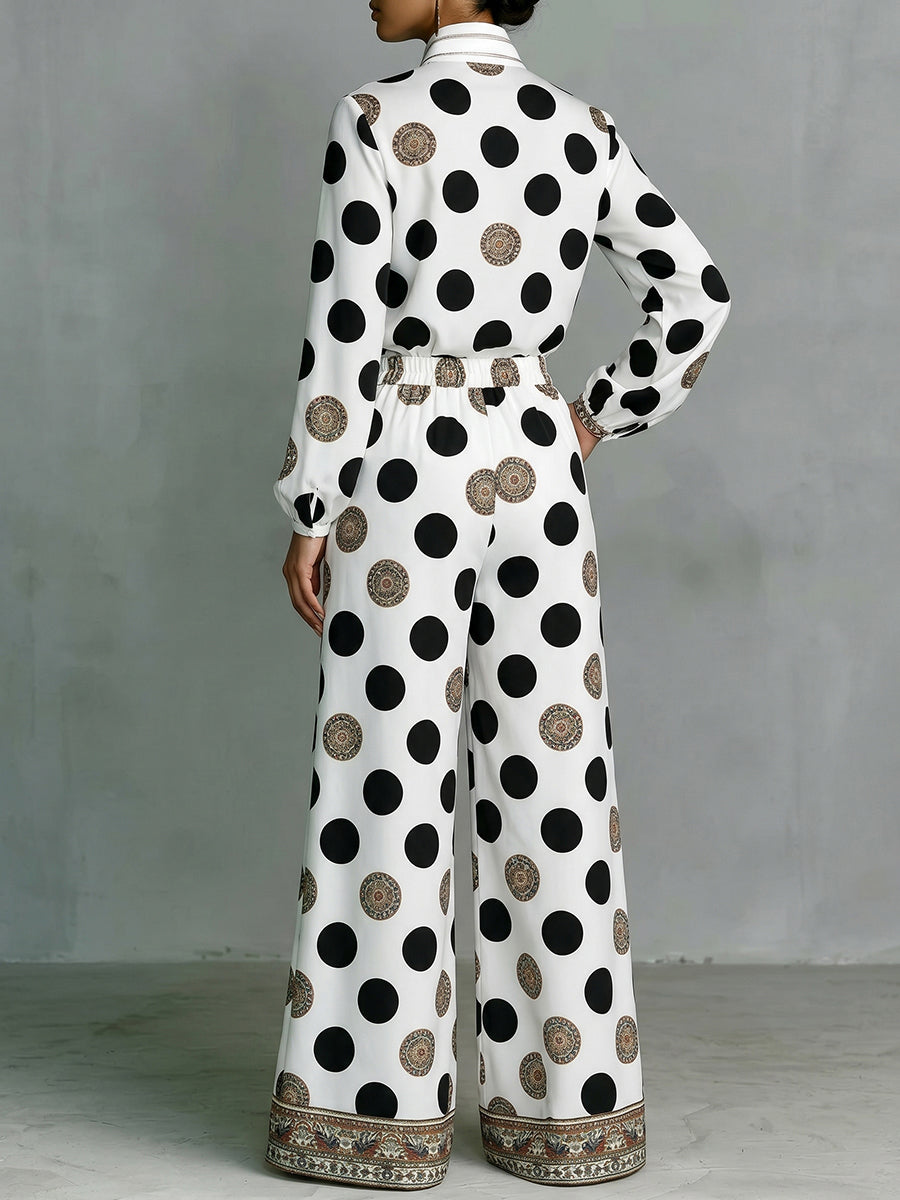 High Waisted Wide Leg Contrast Color Elasticity Pockets Polka Dot Printed Pants Trousers