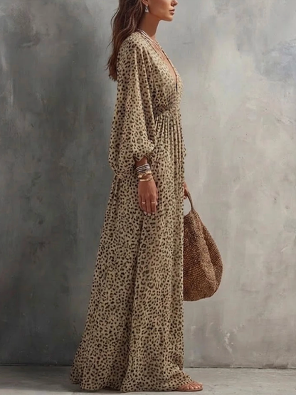 High Waisted Long Sleeves Contrast Color Elasticity Leopard Ruched V-Neck Maxi Dresses