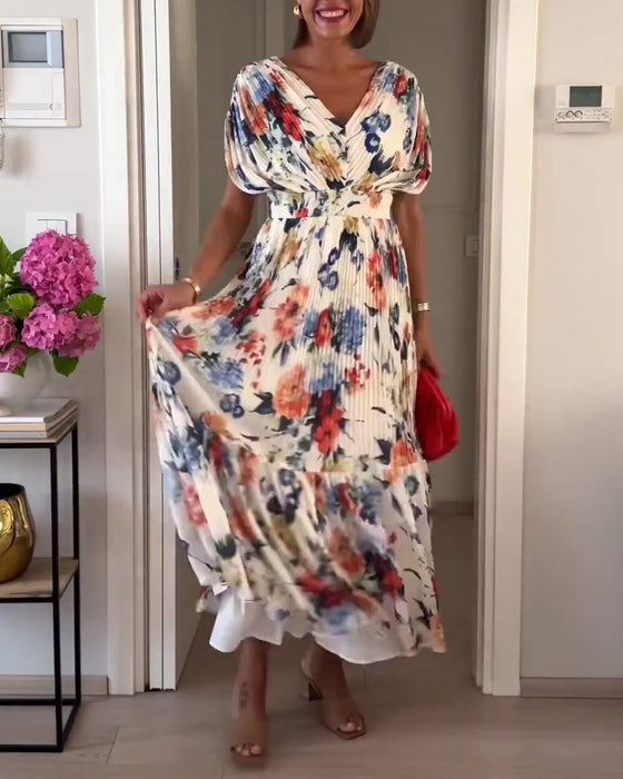 Colorful floral print pleated dress
