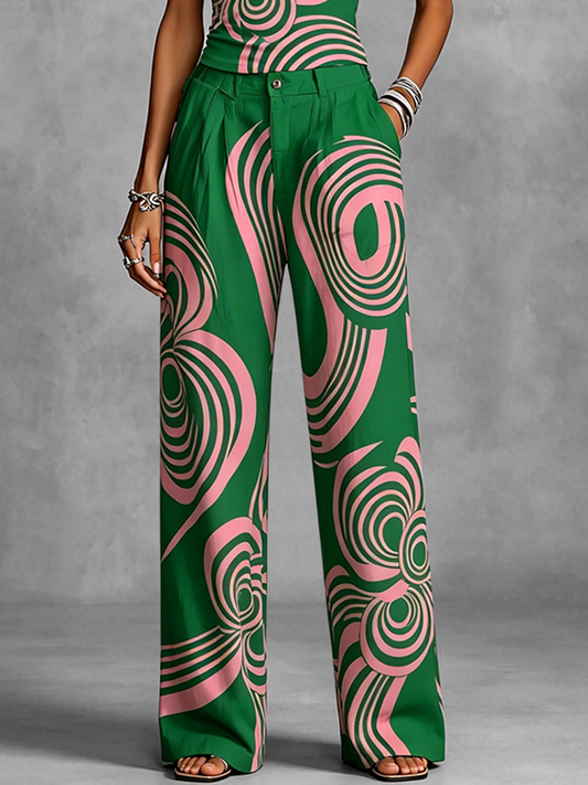 Loose Wide Leg Contrast Color Flower Print Pleated Pockets Pants Trousers
