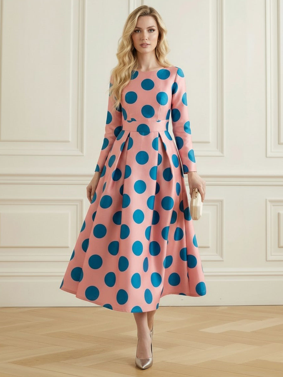 A-Line Elasticated Waist Contrast Color Polka-Dot Split-Joint Round-Neck Maxi Dresses
