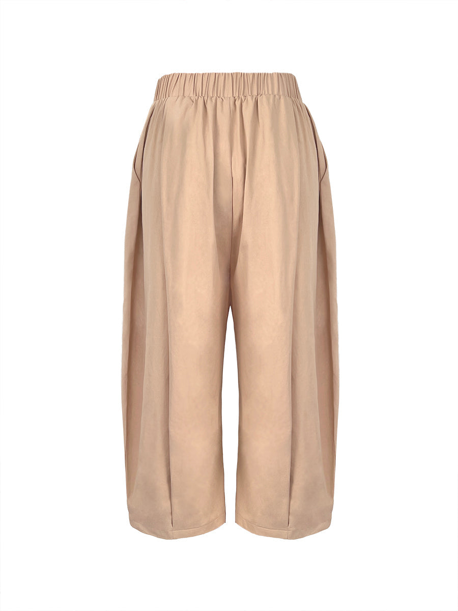 Solid Color Pockets Pleated Wide Leg Loose Pants
