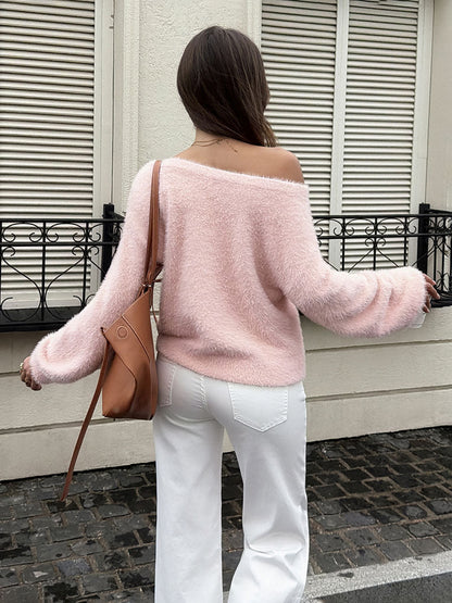 Solid Color Loose Long Sleeves One-shoulder Sweater Tops