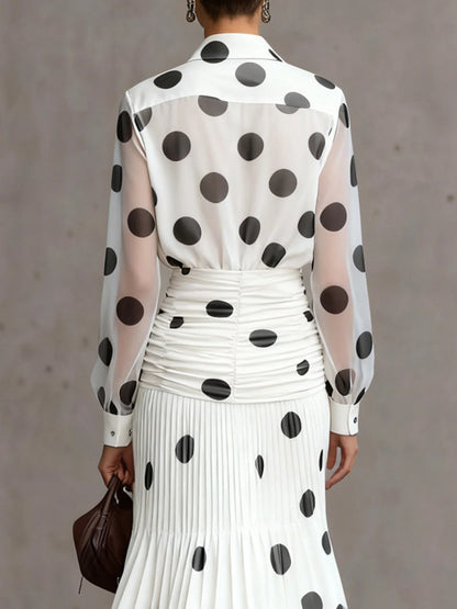 Long Sleeves Loose Buttoned Polka-Dot Printed Lapel Blouses&Shirts Tops