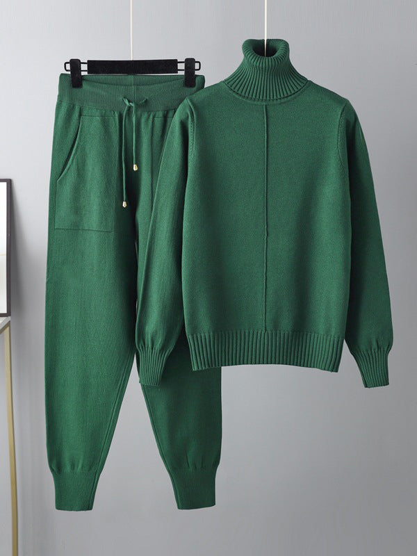 Casual Solid Long Sleeves High-Neck Sweater Tops & Drawstring Wide Leg Pants Suits