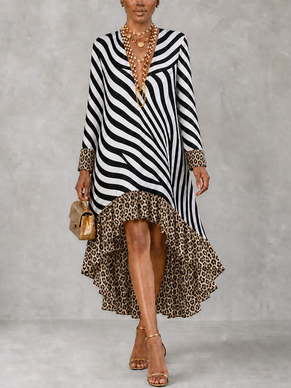 Zipper Split-Joint Ruffled Printed Leopard Loose High-low V-neck Midi Dresses