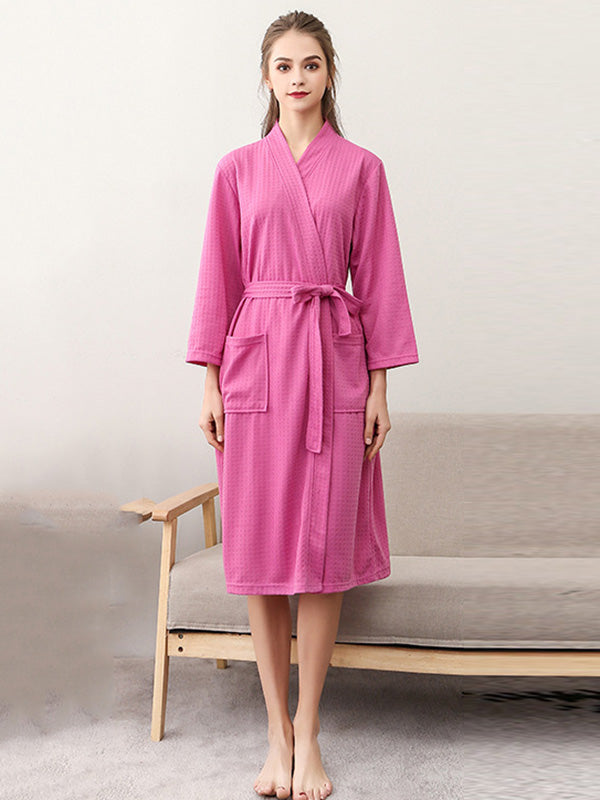 Comfortable Solid Bandage Thin Pajama Robe FUSCHIA Women