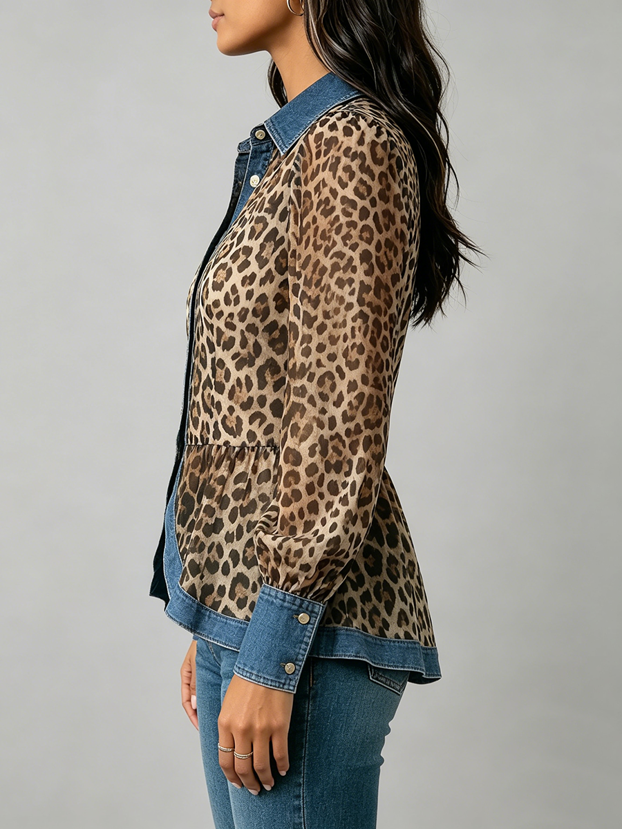 Long Sleeves Puff Sleeves Buttoned Contrast Color Leopard Pleated Split-Joint Lapel Blouses&Shirts Tops