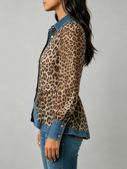 Long Sleeves Puff Sleeves Buttoned Contrast Color Leopard Pleated Split-Joint Lapel Blouses&Shirts Tops