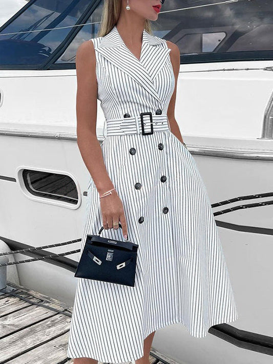 A-Line Sleeveless Split-Joint Striped Tied Waist Lapel Midi Dresses Shirt Dress