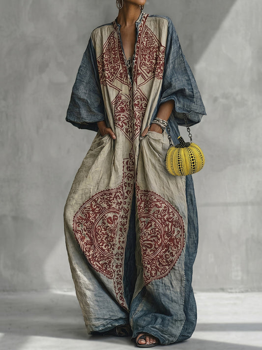 Loose Three-Quarter Sleeves Contrast Color Ethnic Printed Pockets V-Neck Jumpsuits