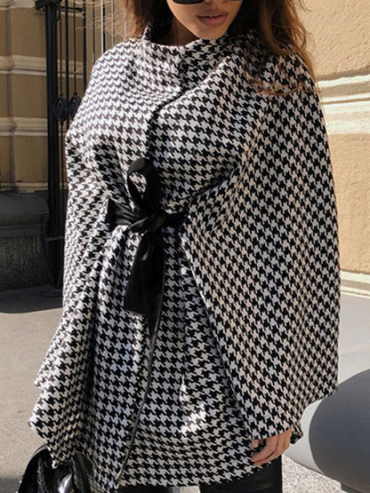 Batwing Sleeves Long Sleeves Houndstooth Tied Waist Stand Collar Cape Outerwear