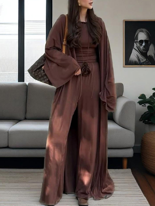 Ensemble trois pièces : cardigan ample à manches longues, t-shirt à col rond et pantalon élastique à cordon de serrage 