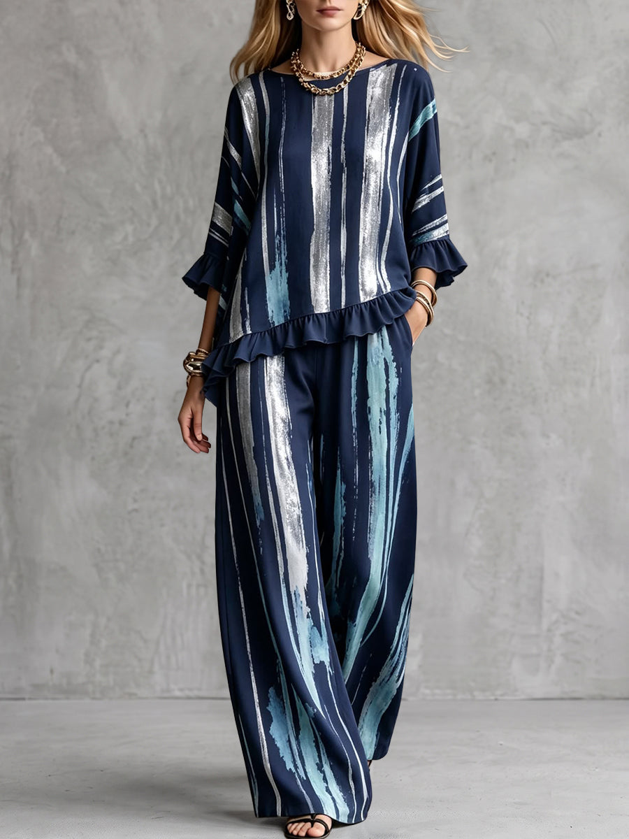 Split-Joint Ruffle Trim Printed Three-quarter Sleeves Ruffle Sleeves Round-neck Blouses&shirts Tops