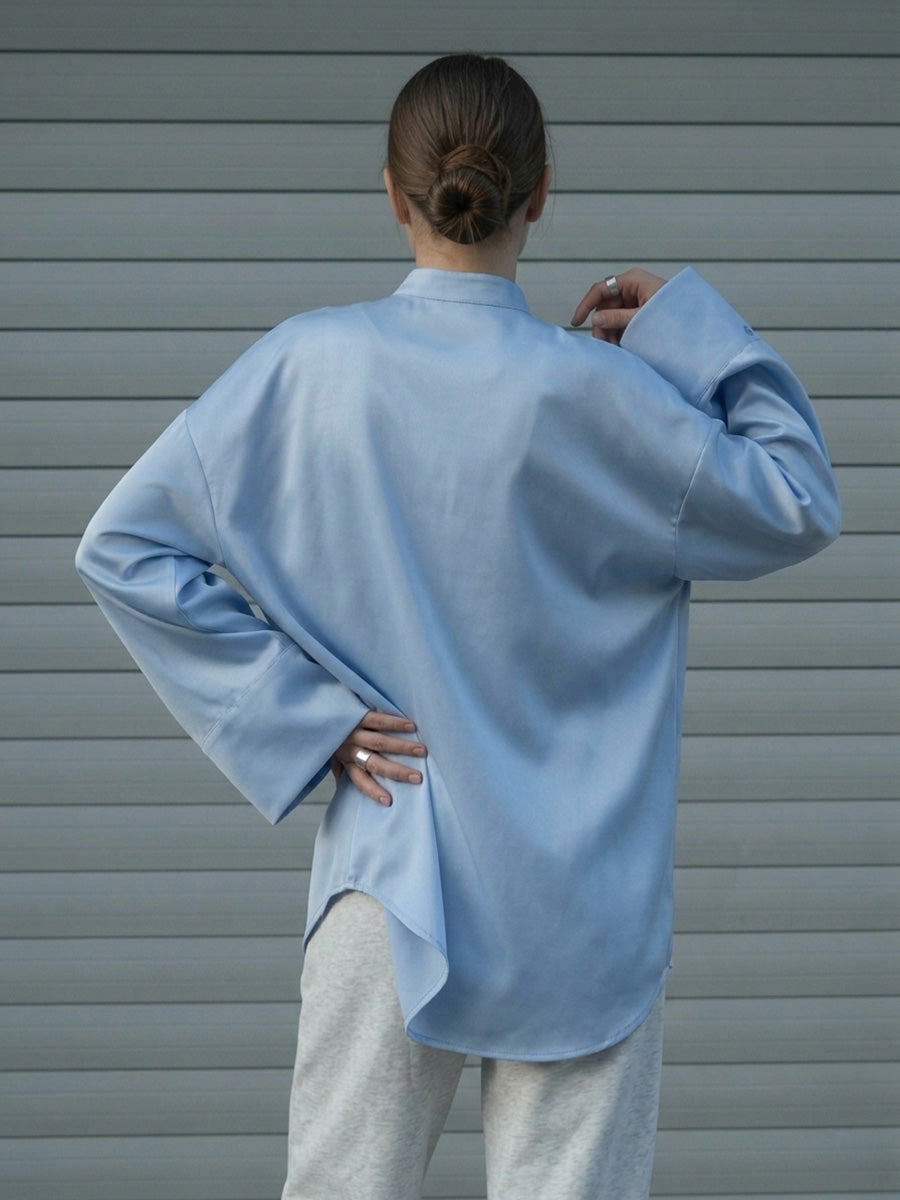 Flared Sleeves Long Sleeves Buttoned Pockets Solid Color Stand Collar Blouses&Shirts Tops