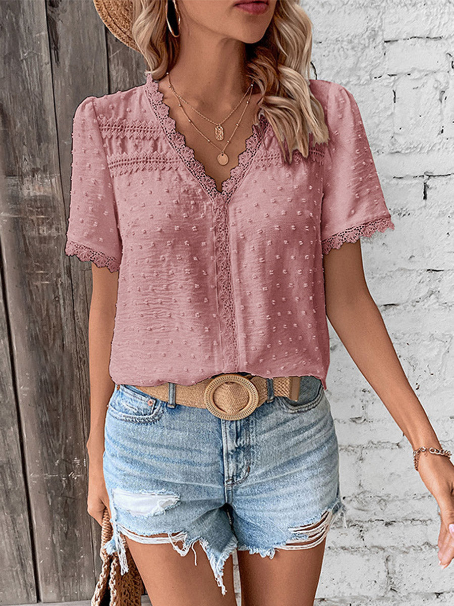 Loose Short Sleeves Jacquard Solid Color Split-Joint Textured V-Neck T-Shirts Tops
