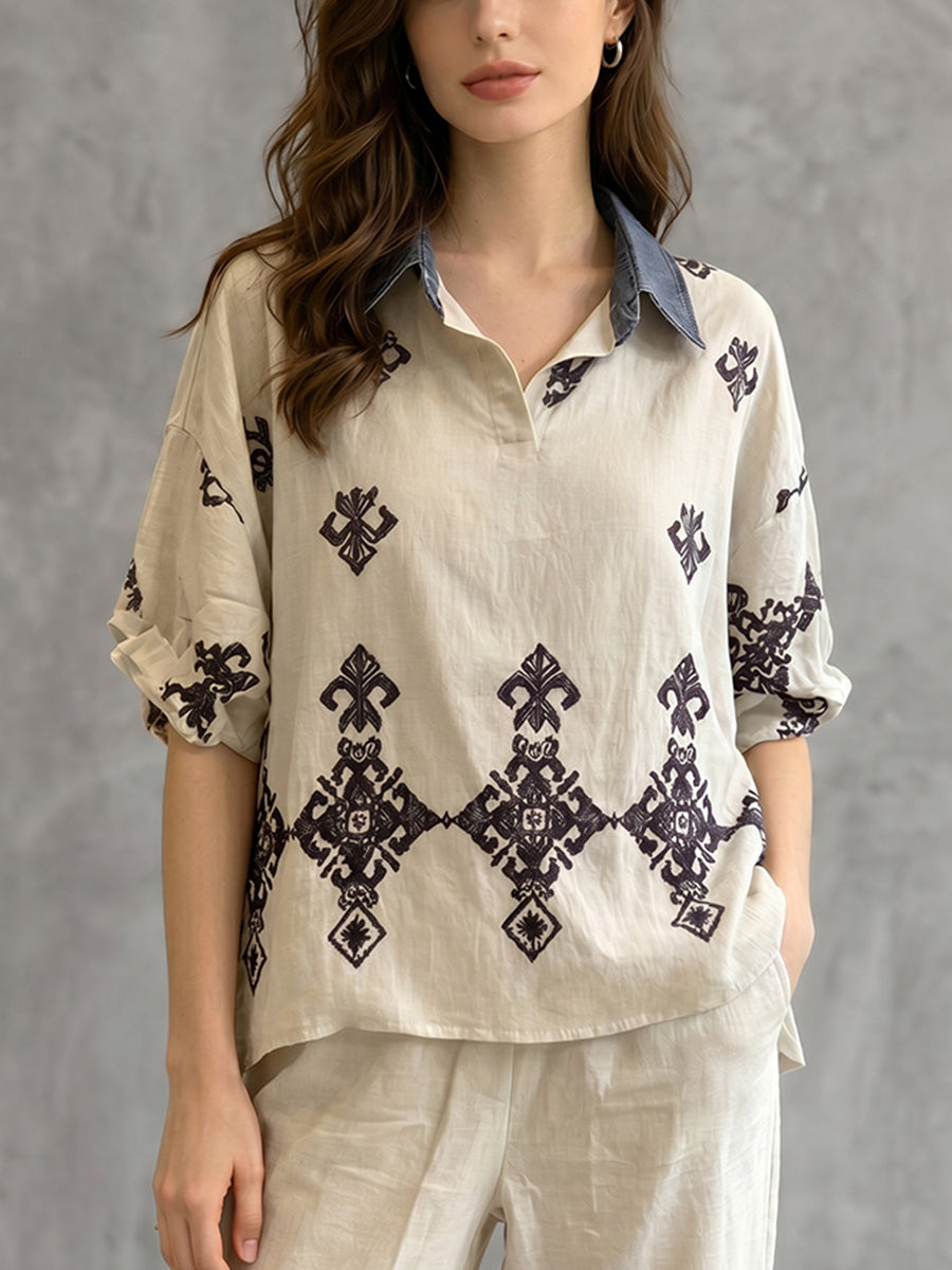 Half Sleeves Loose Buttoned Embroidered Printed Split-Joint Lapel Blouses&Shirts Tops