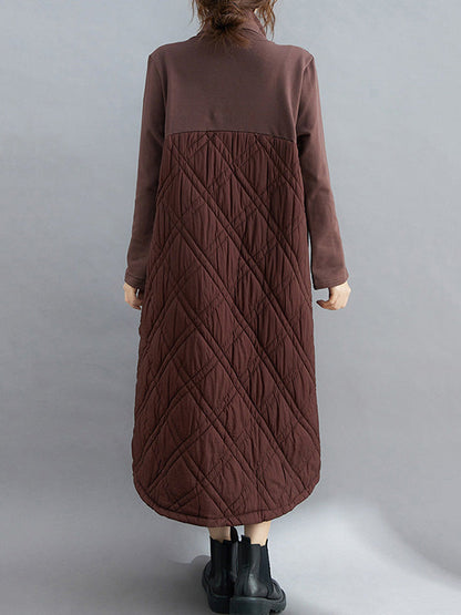 Simple Split-Joint High-Neck H-Line Quilted Midi Dress