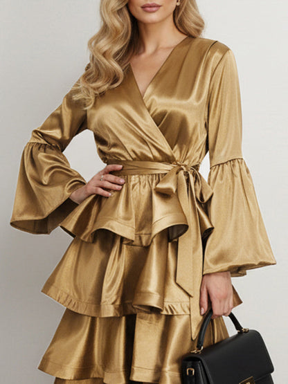 Flared Sleeves Belted Ruffled Shiny Tiered V-Neck Midi Dresses