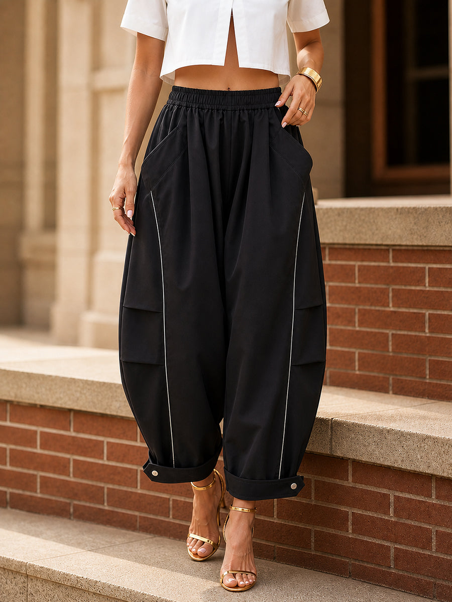 Pockets Elasticity Contrast Color Buttoned Wide Leg Loose Pants Cropped Trousers