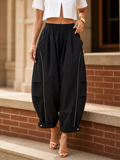 Pockets Elasticity Contrast Color Buttoned Wide Leg Loose Pants Cropped Trousers