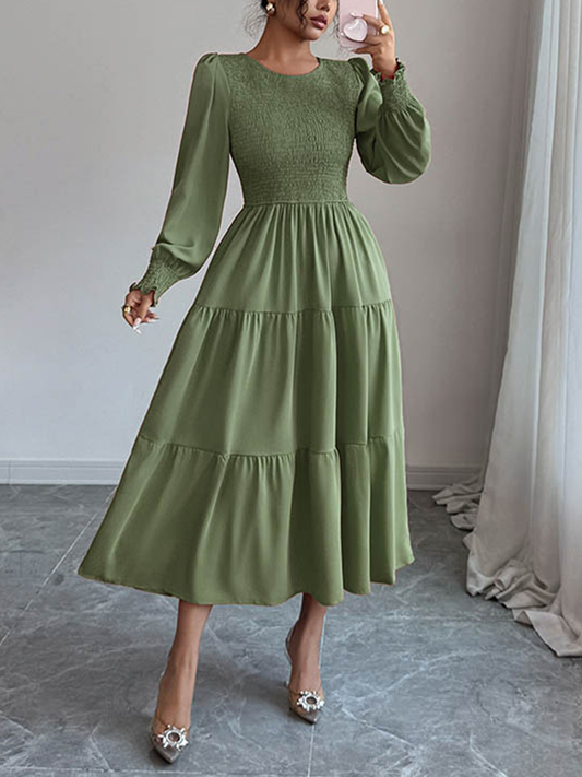 Elasticated Waist High Waisted Pleated Solid Color Split-Joint Round-Neck Midi Dresses